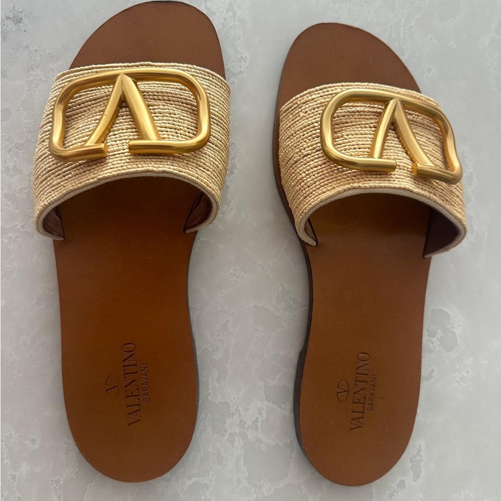 Valentino Garavani Gold and Tan Slide Sandals